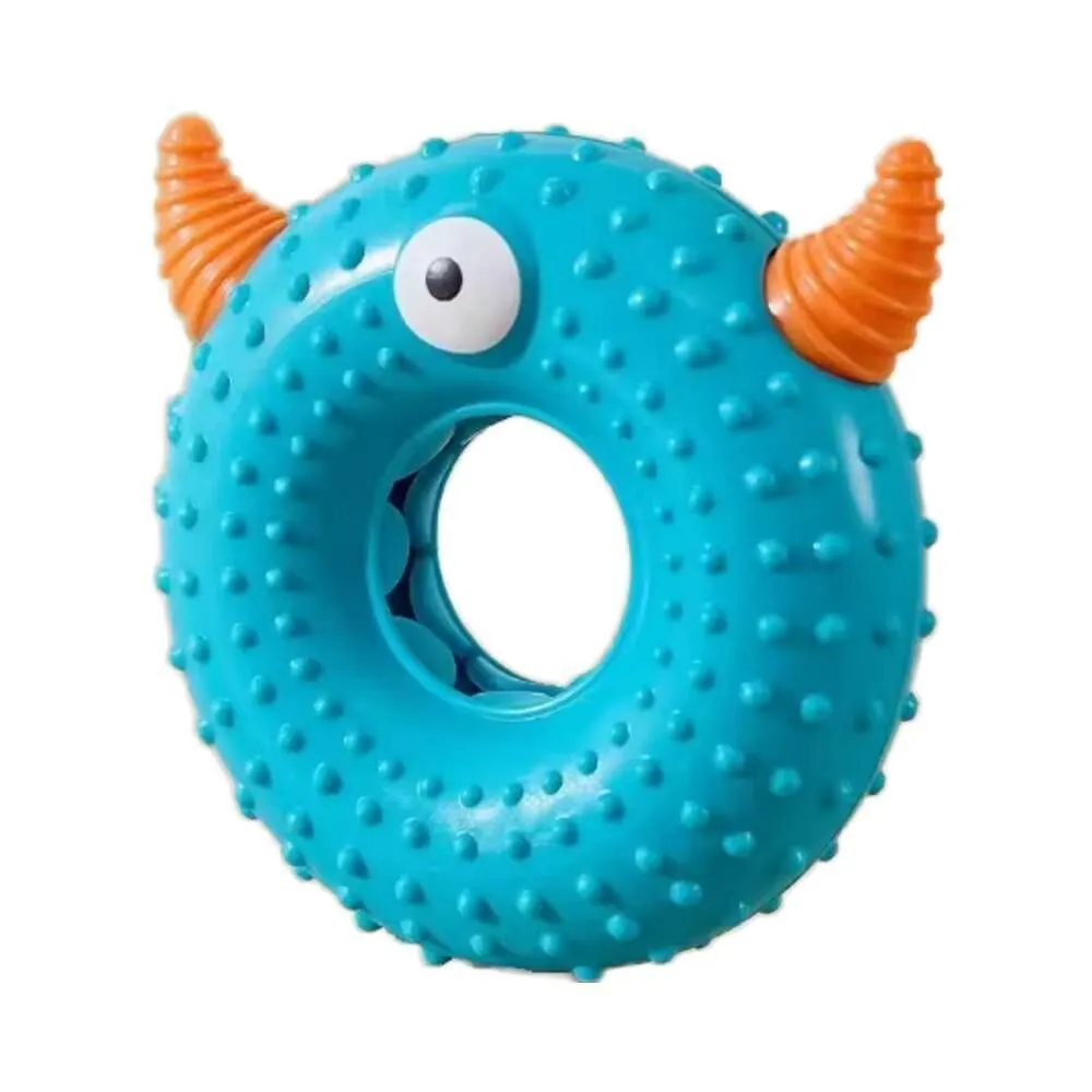 Rubber Monster Donut Squeaky Dog Toy Teething Chew For Small Pets - Blue