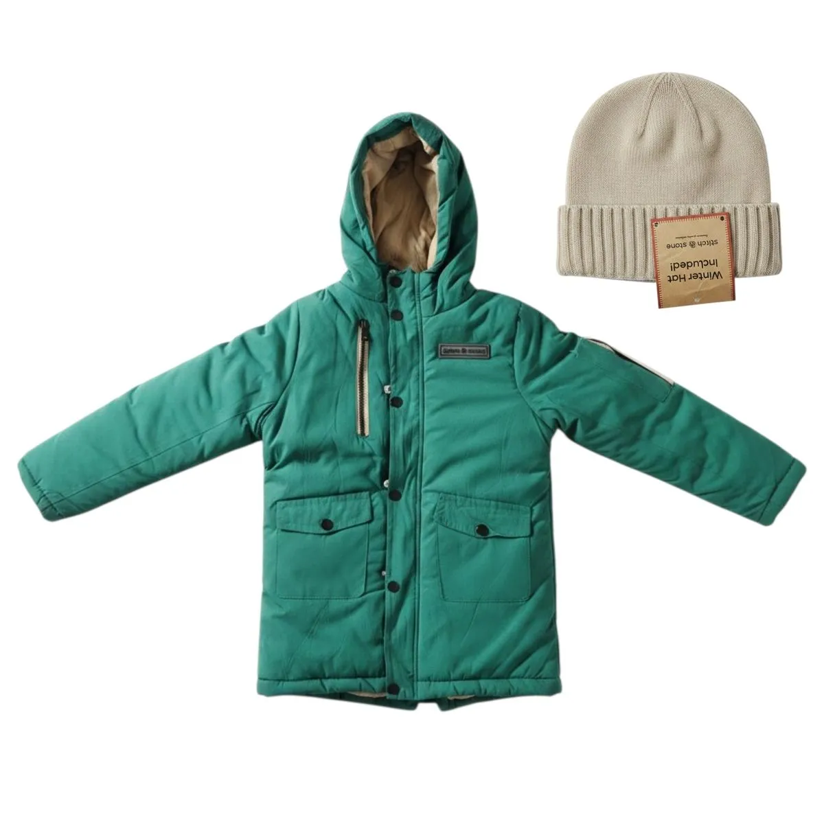 Kids Warm Winter Slim Parka Jacket For Boys With Knit Winter Beanie