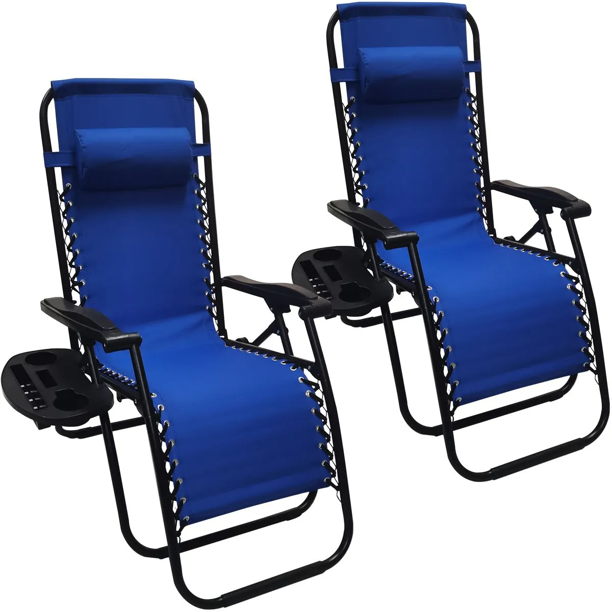 2 Set Lounger Chair Folding Recliners with Pillows & Cup Holder Trays - Blue