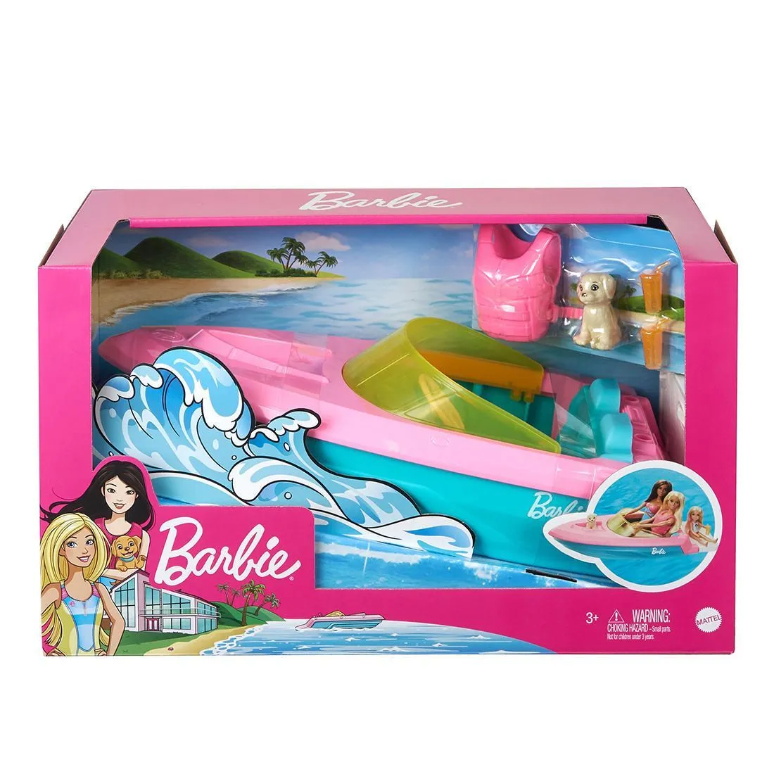 Barbie Doll And Boat With Puppy And Accessories, Floats In Water