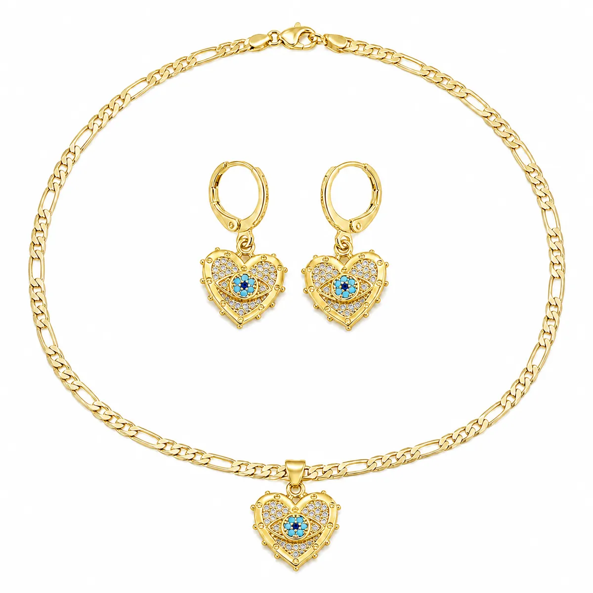 Evil Eye Heart Pendant Necklace & Earrings Set CZ Figaro Chain Gold Silver - Gold
