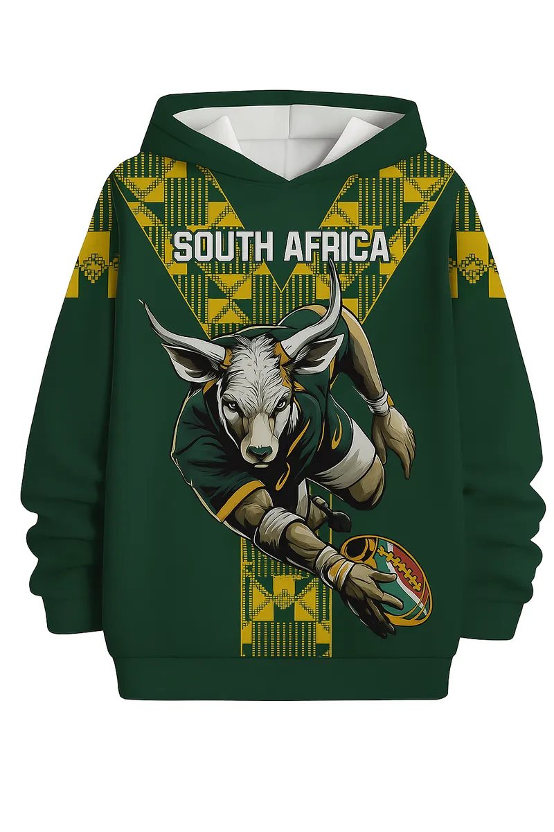 South Africa Bull Rugby Inspired Kids Hoodie - Green & Gold Supporter Top