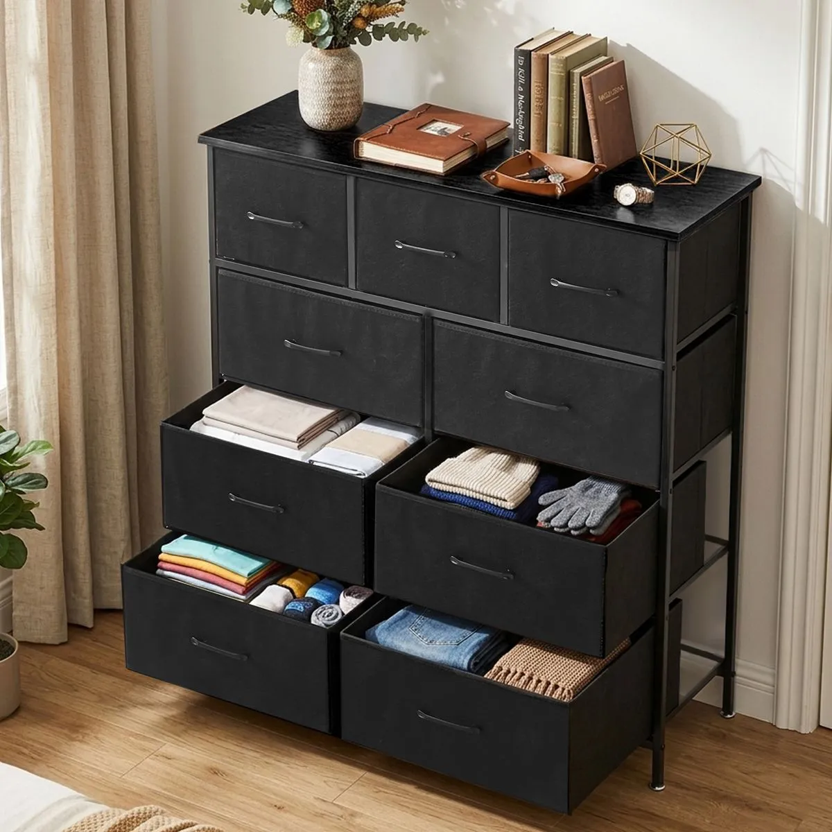 Storage Cabinet 9 Chest of Drawers Fabric Dressing Table Closet Organizer - Black