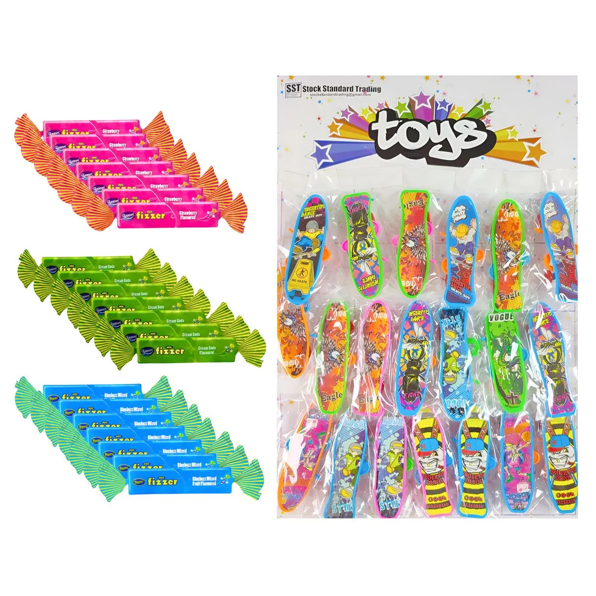 Snacks/Prizes - 20 Toy Boost Skateboards + 21 Mini Fizzer Sweets 3 Flavours