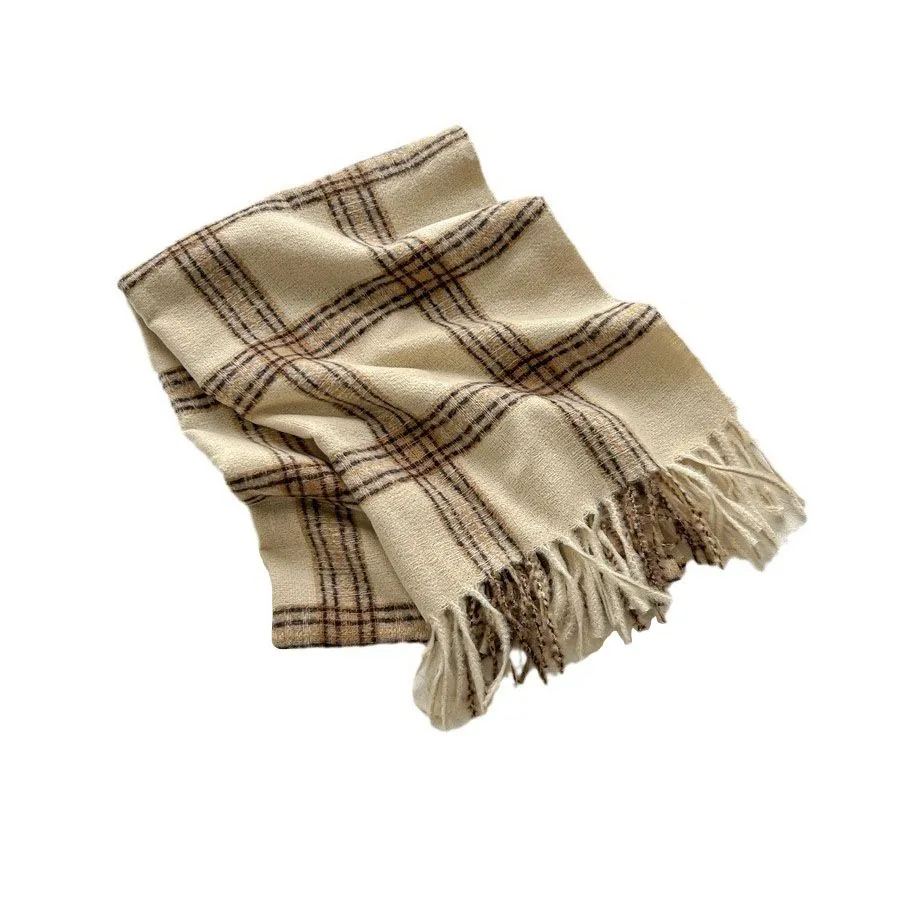 Autumn and winter high-end cross-striped double-sided tassel women's scarf - Beige