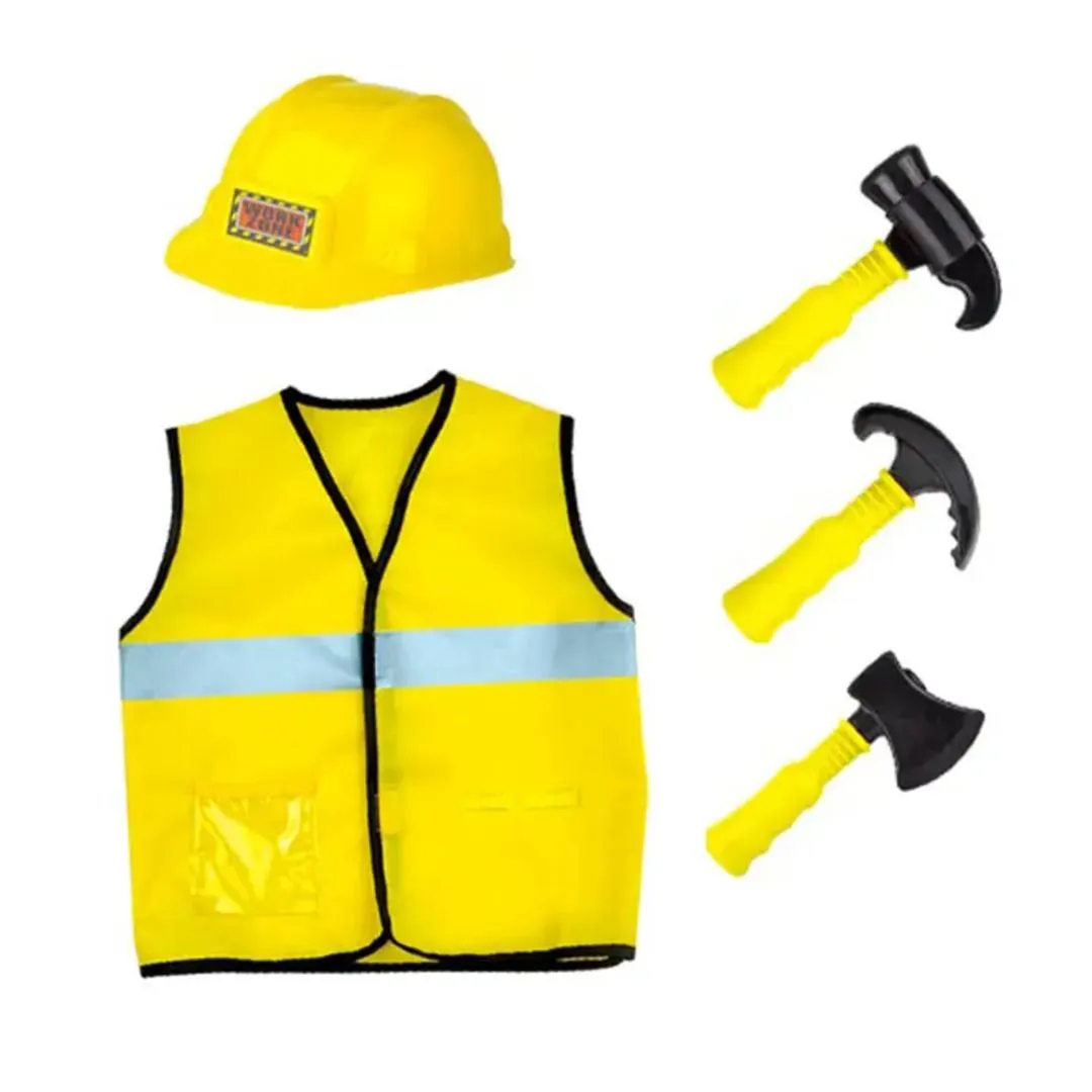 Construction Worker Yellow Role Play Costume With Helmet & Tools, Pretend