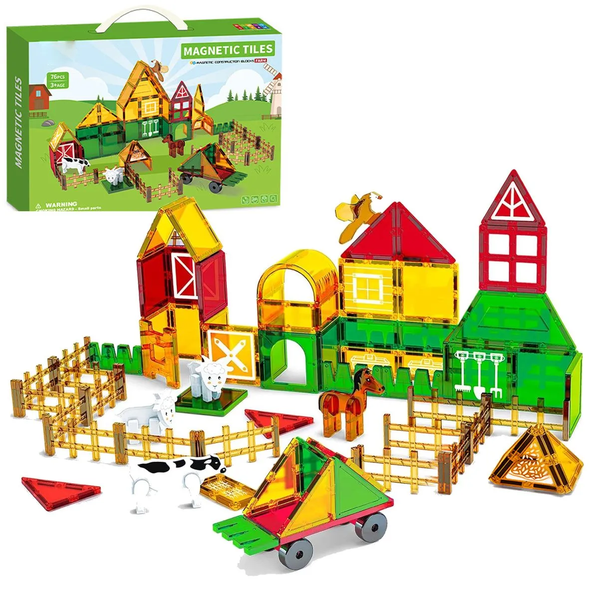 Magnetic Tile Farm Animals Toy, 76 Piece Magnet Building Block Construction Set