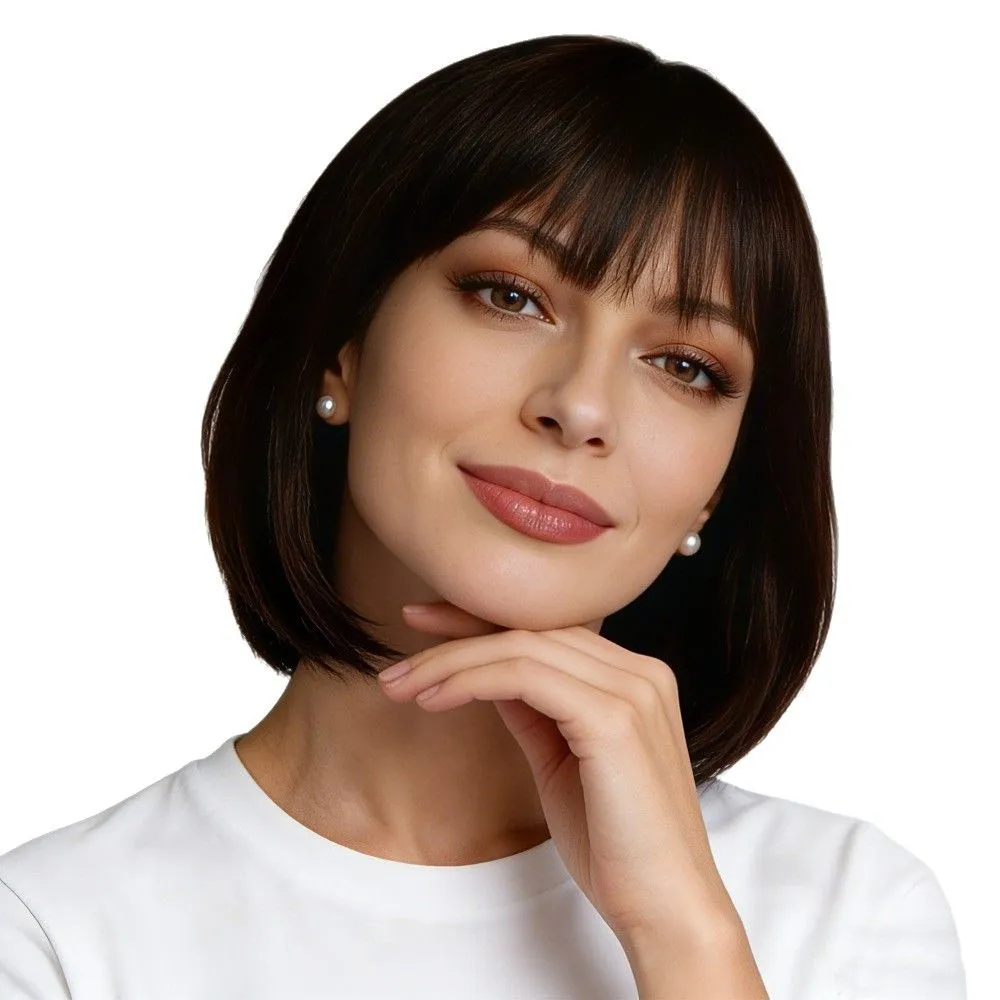 14-inch Dark Brown Bob Wig with Bangs - Timeless & Elegant