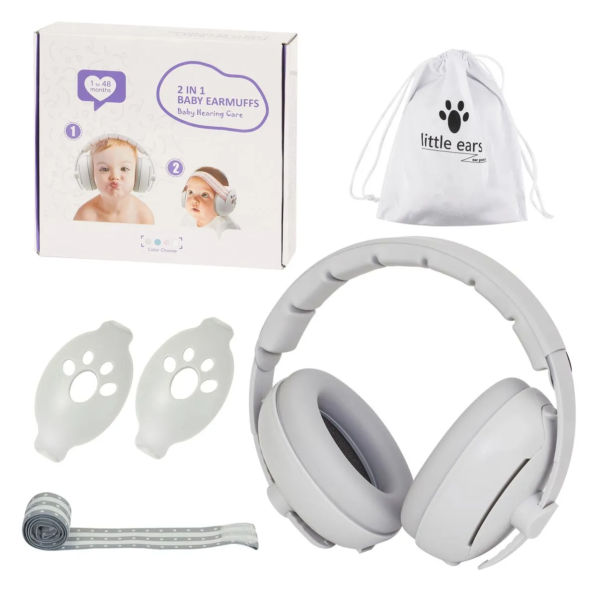 2-in-1 Baby Ear Muffs Noise Protection for Baby Toddlers up to 48 Months - Grey