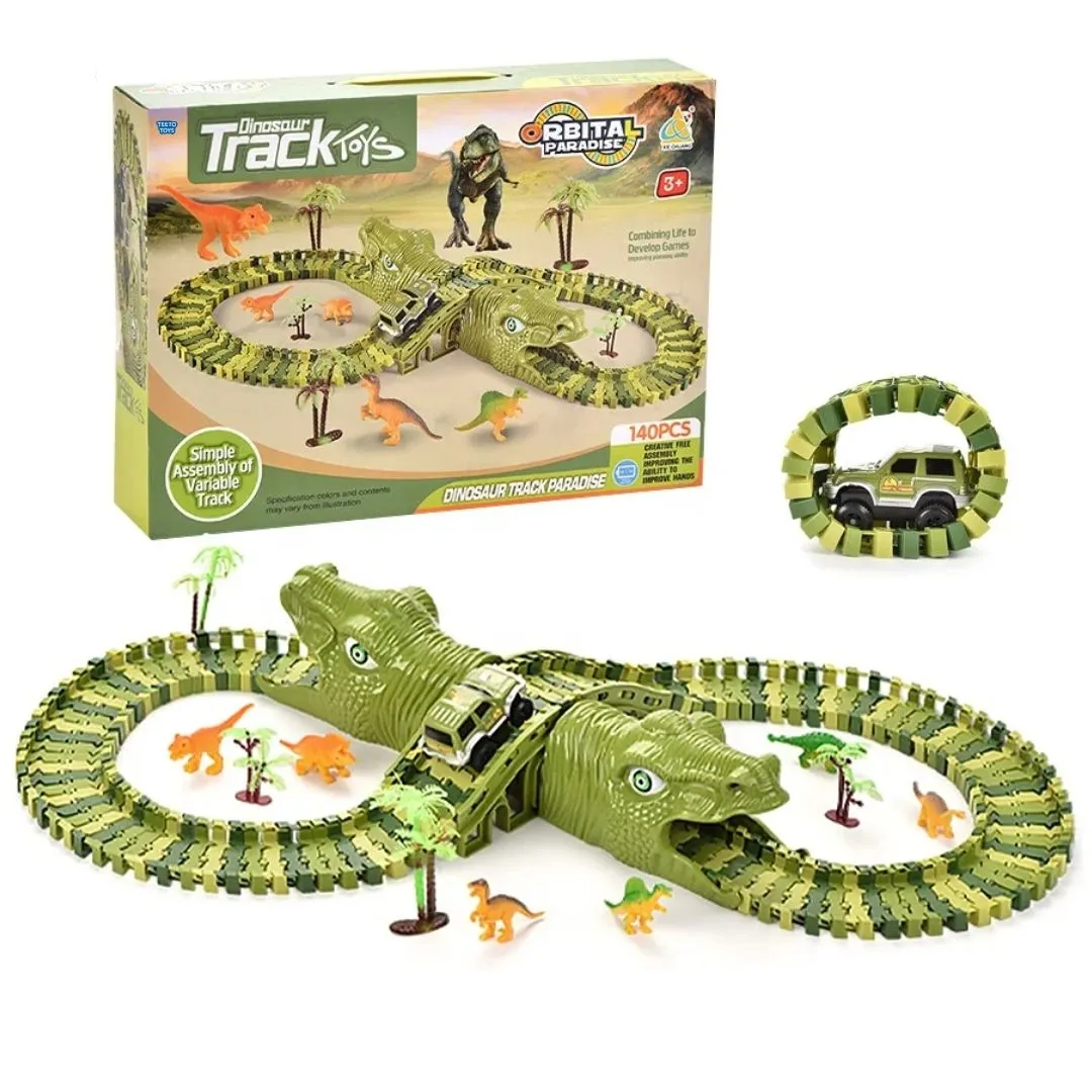 140 Piece Flexible Dinosaur Track Car Toy - Slot Car Toy Set for Boys