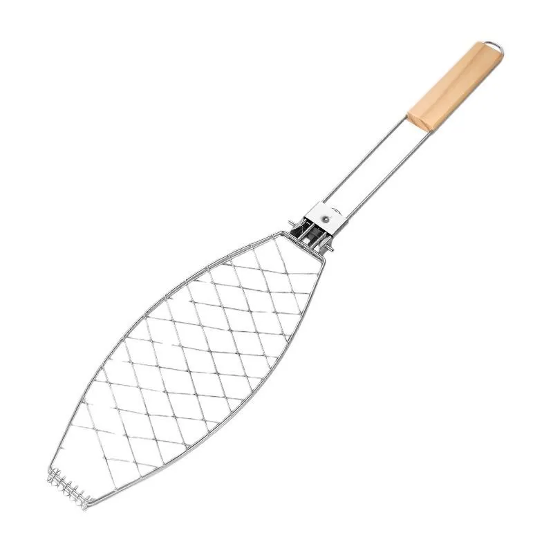 Stainless Steel Grill For Fish, with Wooden Handle, Collapsible, Grill Tong