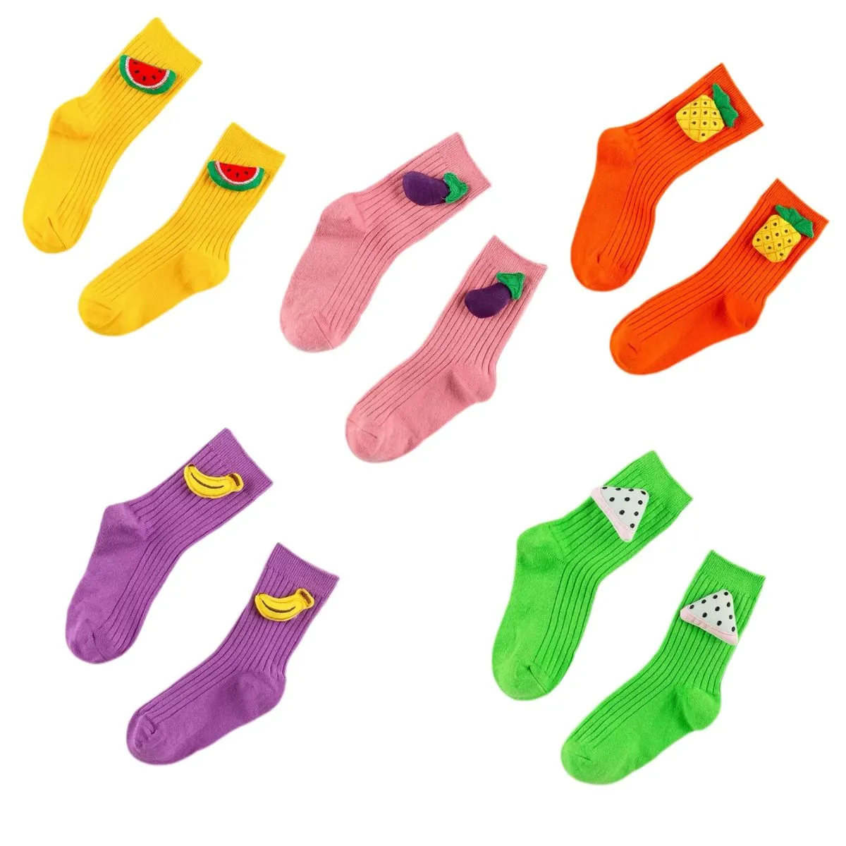 5 Pairs Girls Cartoon Fruit Mid-Calf Socks - Multicolour Cotton Crew Socks