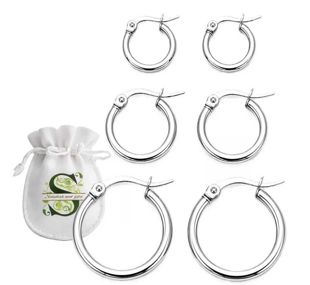 3 Set Stainless Steel Hoop Earrings - 10mm 15mm 20mm Silver Huggie Hoop