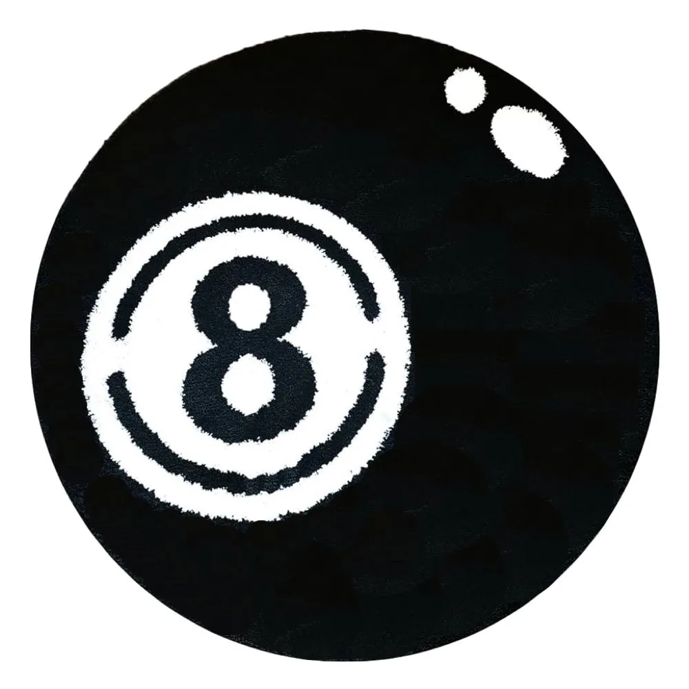 Decor Black & White Round Plush Carpet With Billiard Ball Design - 100cm