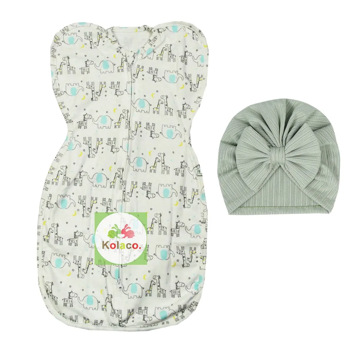 Baby Cotton Swaddling Sleeping Bags Warm Hat Set for 0-6 Months Infants - Green