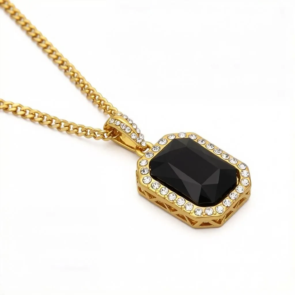 Men's Hip Hop Mini Diamond Gemstone Pendant Necklace, Trendy Alloy Chain - Gold Black + 3mm Steel C…