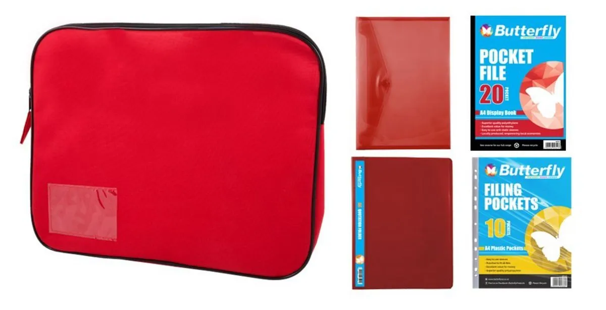Stationery Pocket File, Folders & Book Bag Bundle (Red)