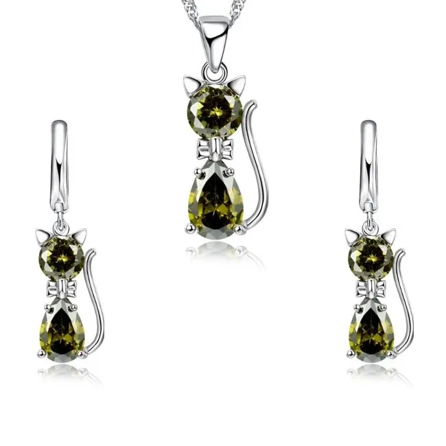 Women 925 Sterling Silver Cute Cat Jewellery Set - Green