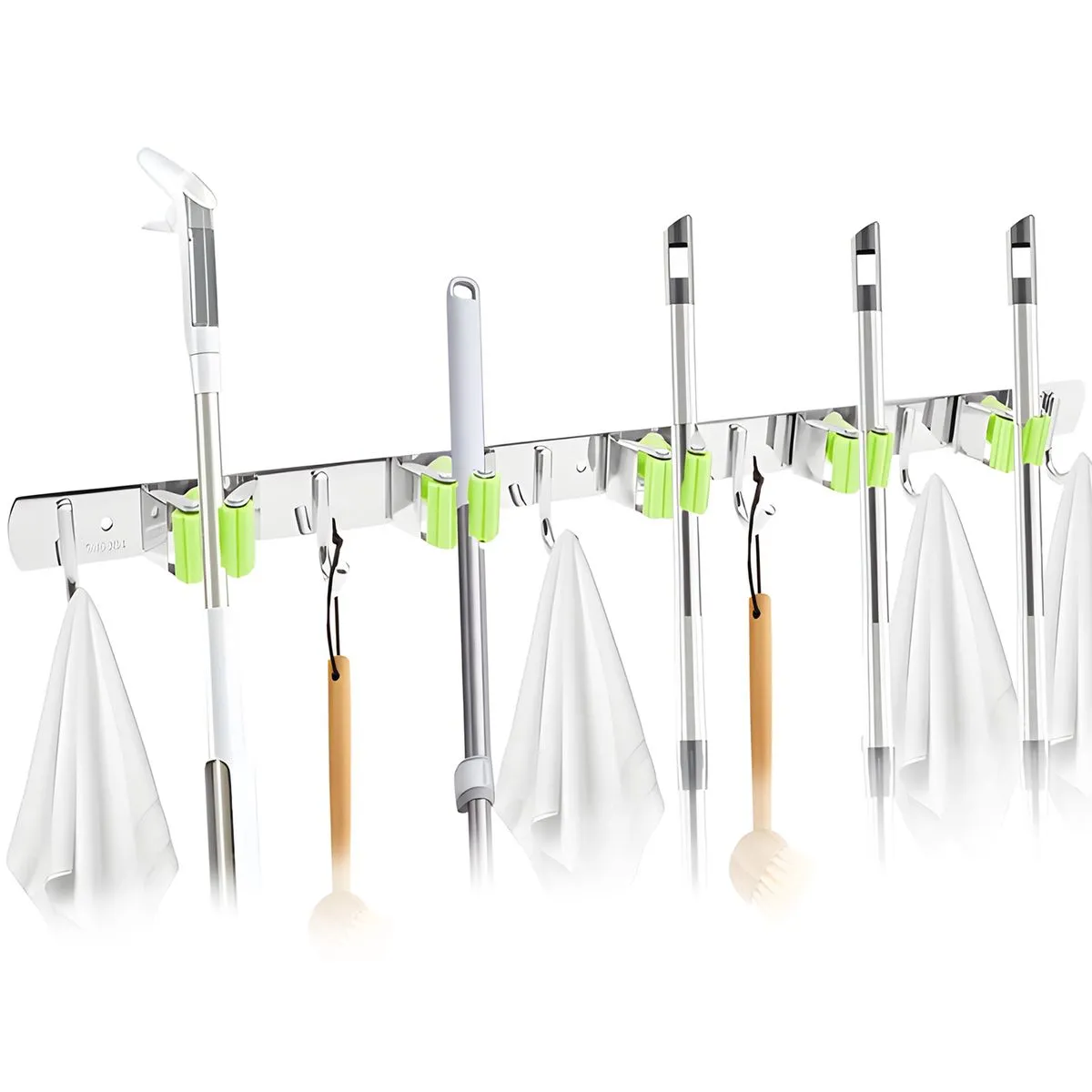 Broom Holder Wall Mount Rack Kitchen Garden Tool Organizer 5 Racks &6 Hooks