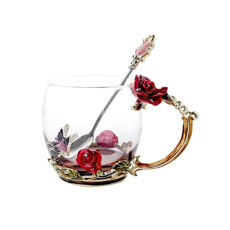 Enamel Unique Butterfly Rose Glass Coffee Mugs with Spoon