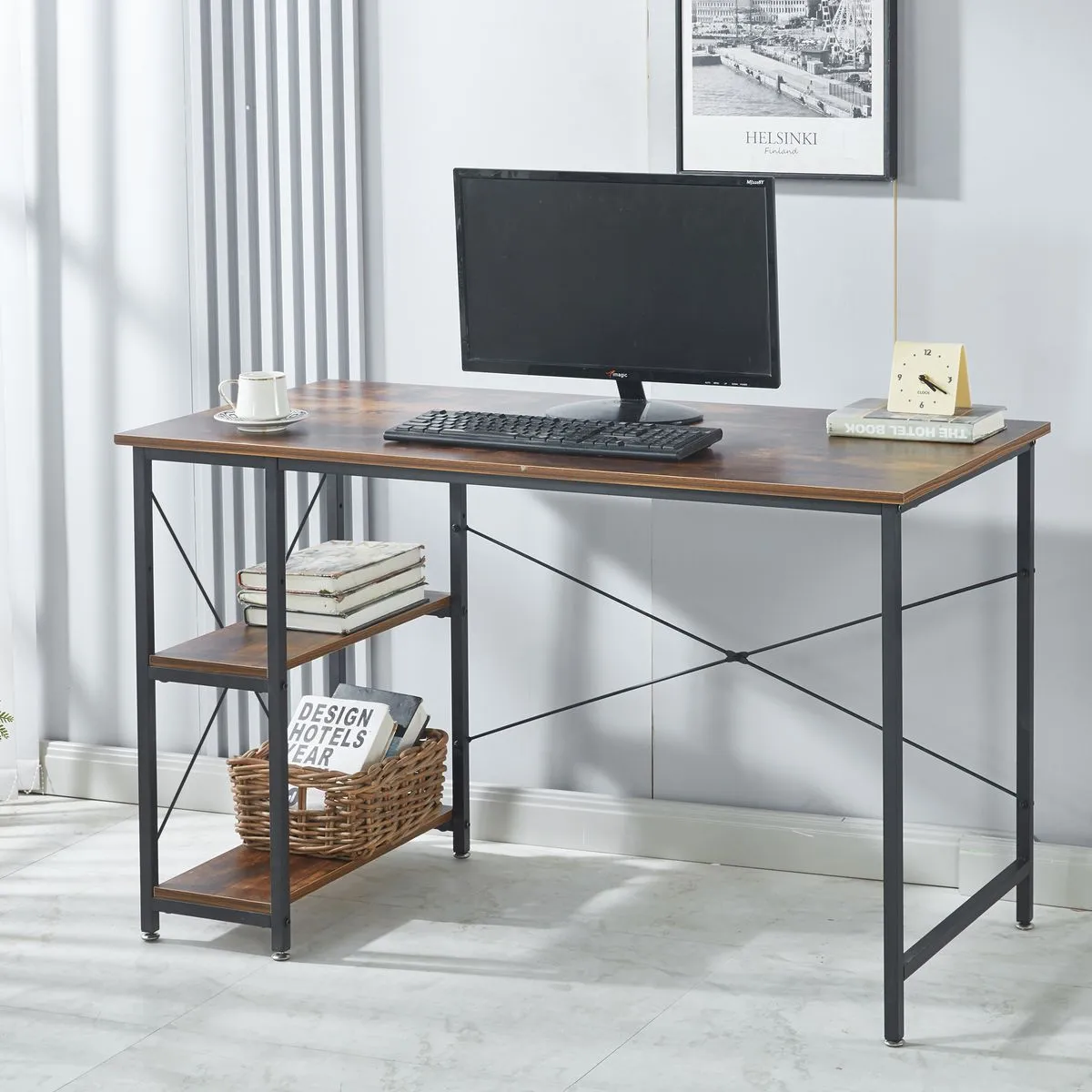 Computer Desk Study Table Office Workstation Gaming Desk with 2 Shelves - Berlin Rustic