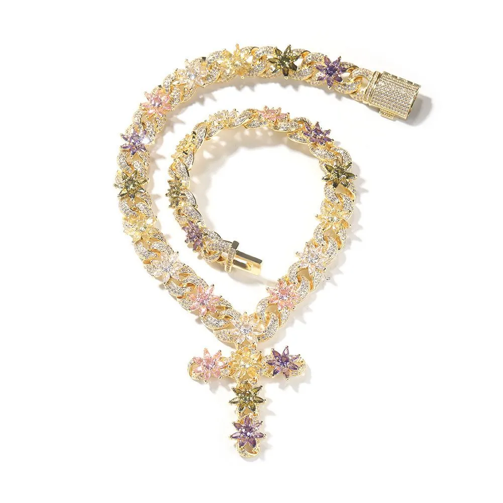 Colorful Ice Cross Necklace with Zircon Flower Design, Unisex Eternal Chain - Gold Cross Pendant + …