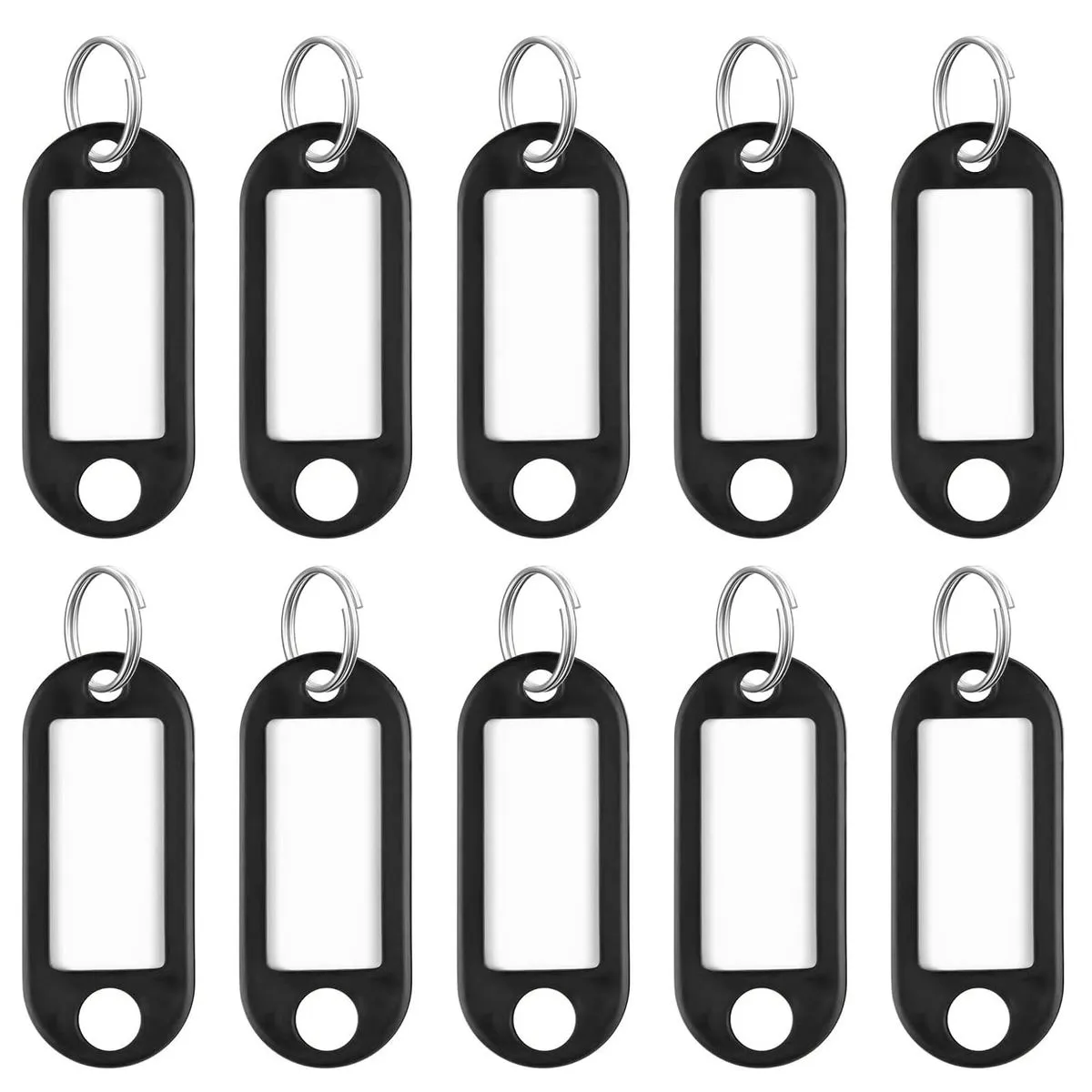 10-Pack 2" Soft Plastic Key Tags | Split Rings & Blank Labels - Black