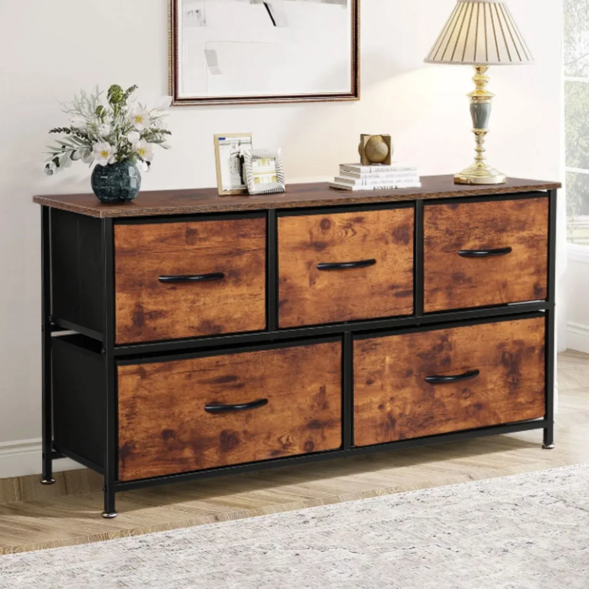 Storage Drawers 5 Chest of Cabinets Fabric Dressing Table Closet Organizer - Burning Wood