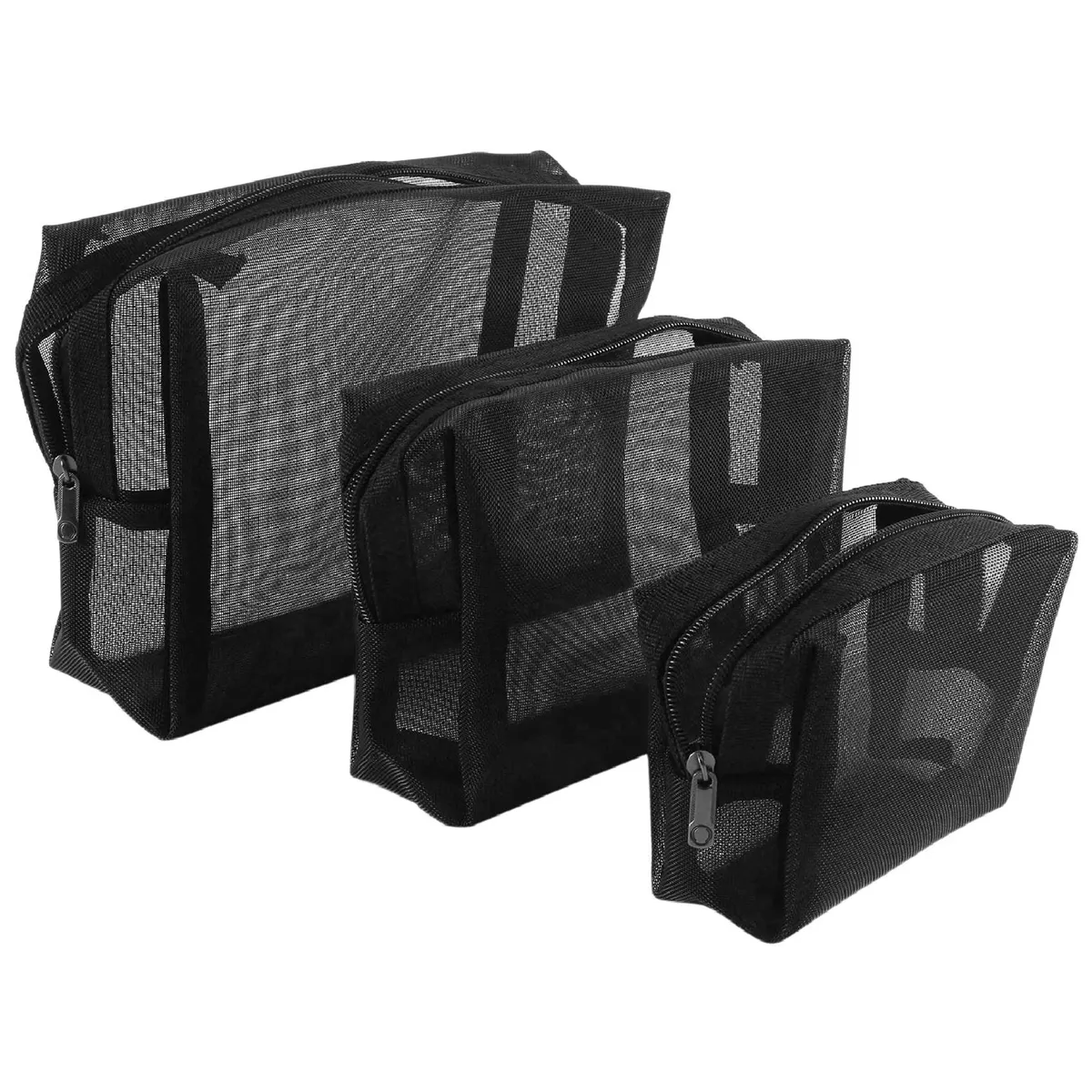 Black Mesh Makeup Bag See Toiletries Organizer Bags Pack of 3(S,M,L)