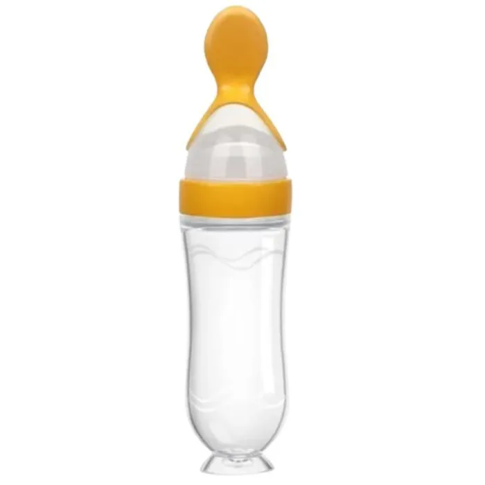 Silicone Baby Feeder Bottle - Spoon Tip - Mess-Free Squeeze Feeding Yellow