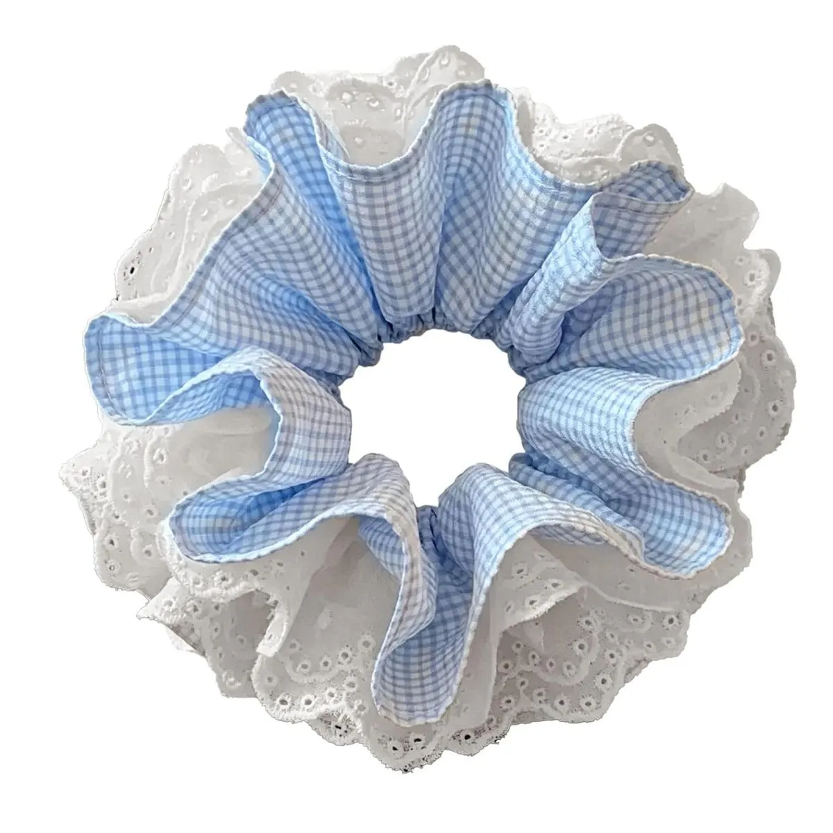 Ballet Style Lace Trim Plaid Scrunchie for Low Ponytail Daily Hair