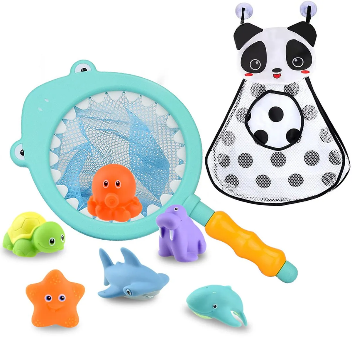 8Pcs Bath Toy with Storage Mesh Bag Floating Pool Fishing Play Set for Kids - Light Blue