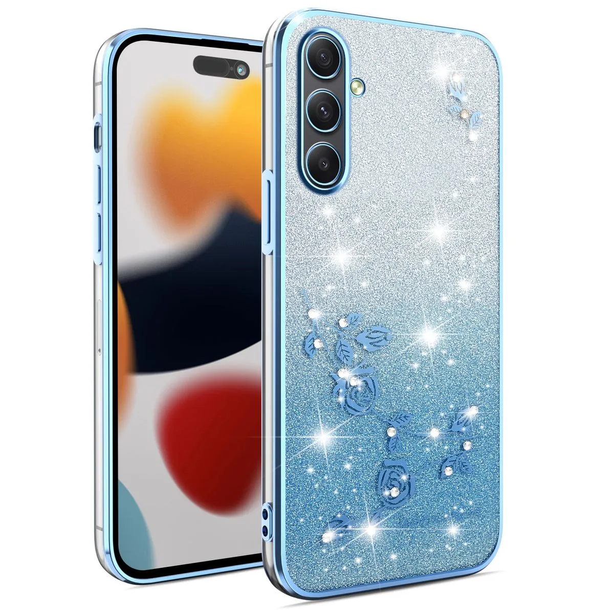 Flowers Diamond Shining Phone Case Compatible With Samsung Galaxy A34 - Blue