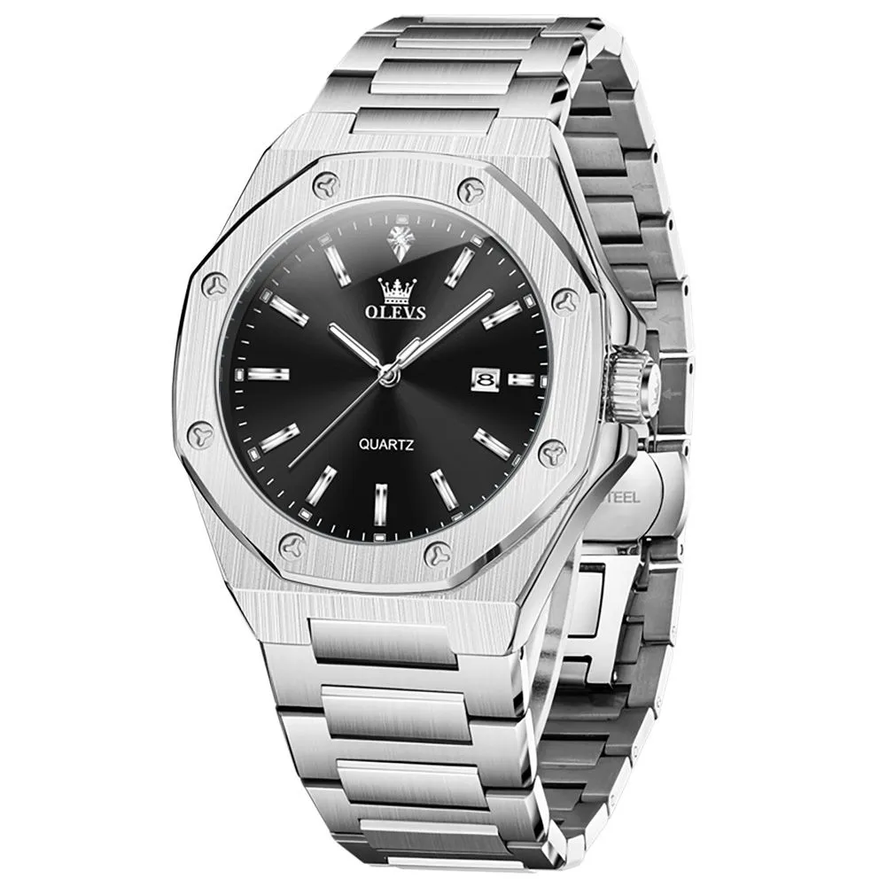 Luminous Classic Steel Business Calendar Waterproof Quartz Watch for Man - Black, Silver