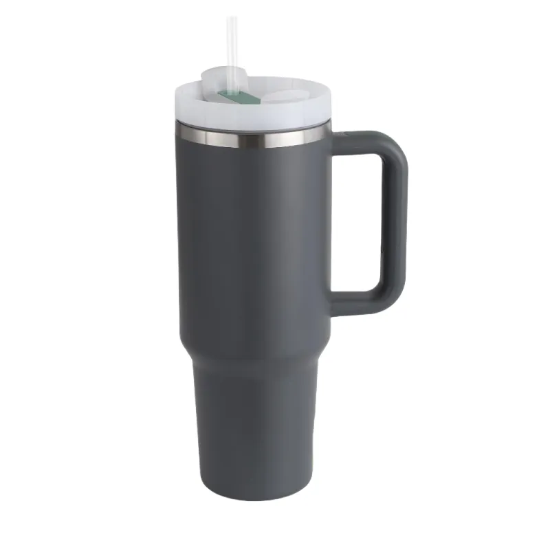 Tumbler with Handle Straw Lid Stainless Steel Travel Mug - 1.2 Litre - Black