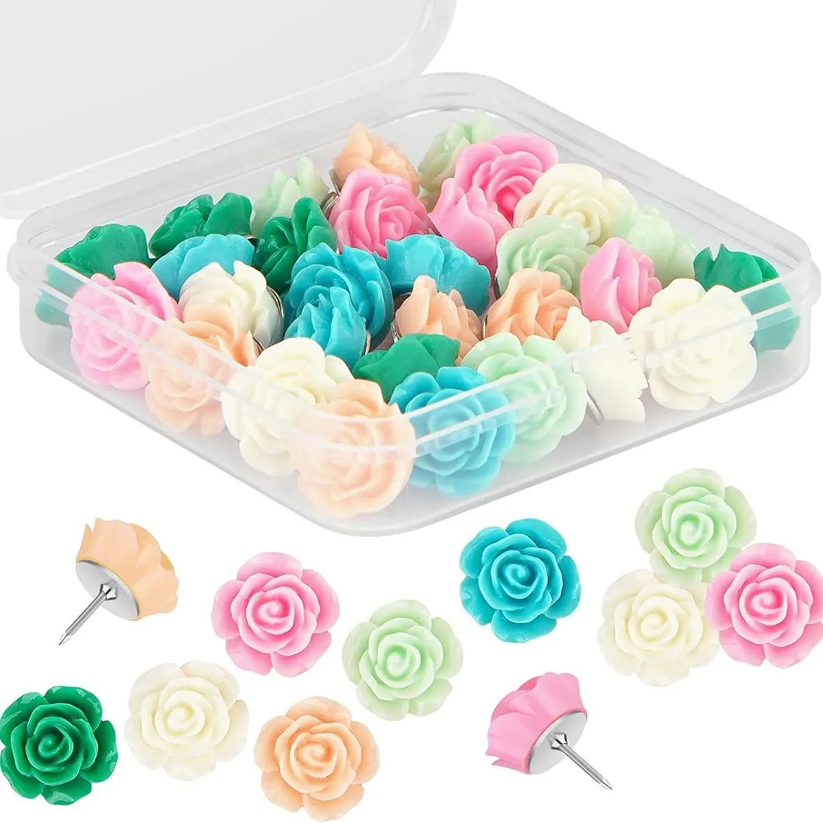 30-Pack Rose-Shaped Colored Push Pins | Cute Decorative Tacks