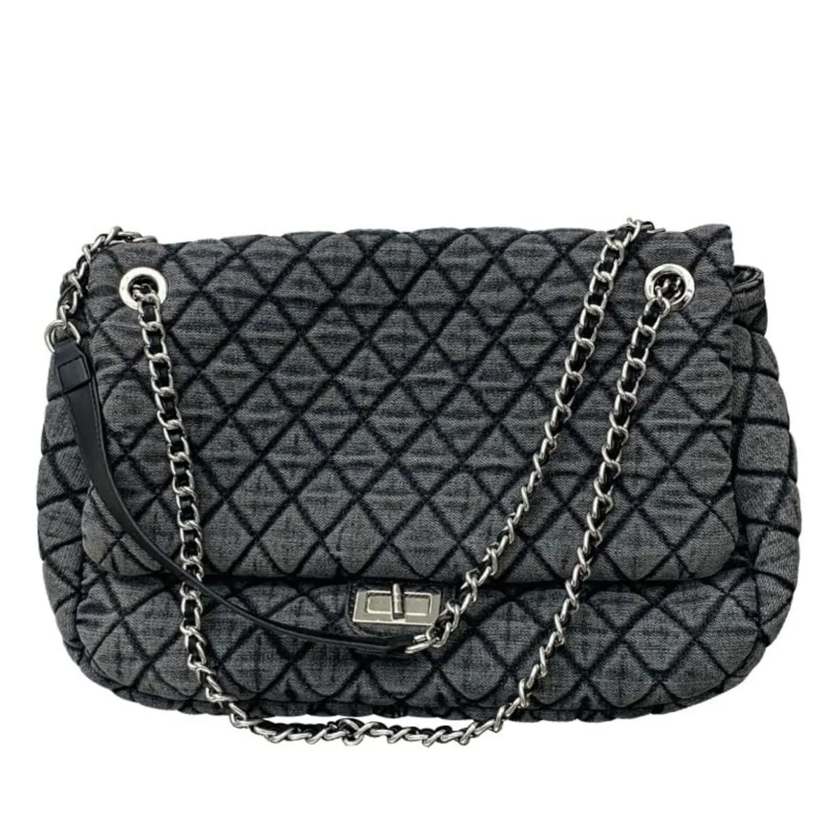 Washed Denim Embroidered Grid Chain Shoulder Crossbody Messenger Bag