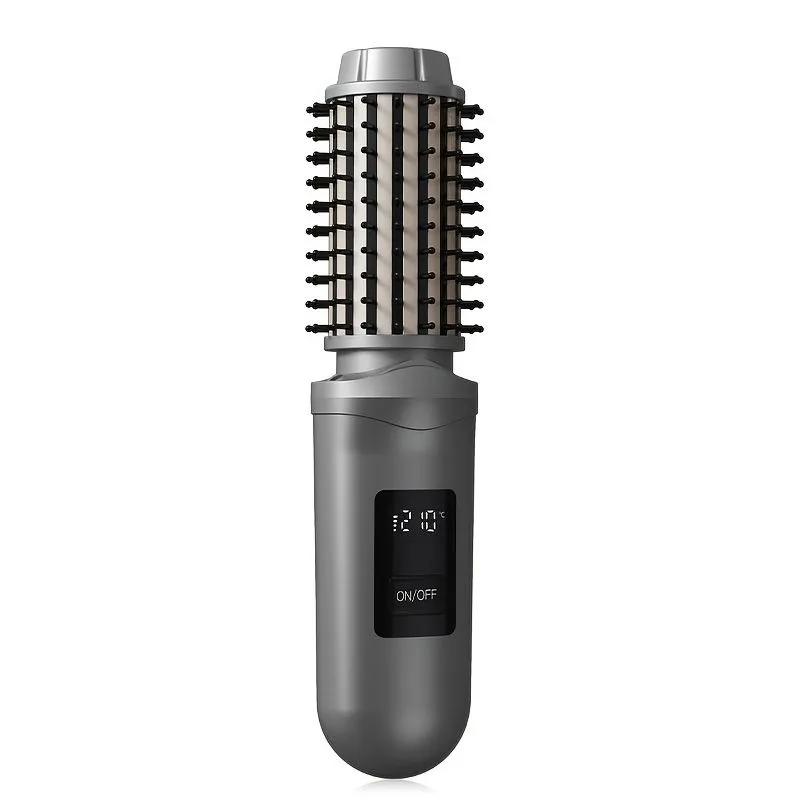 2-in-1 Cordless Hair Curler & Straightener Brush - Grey