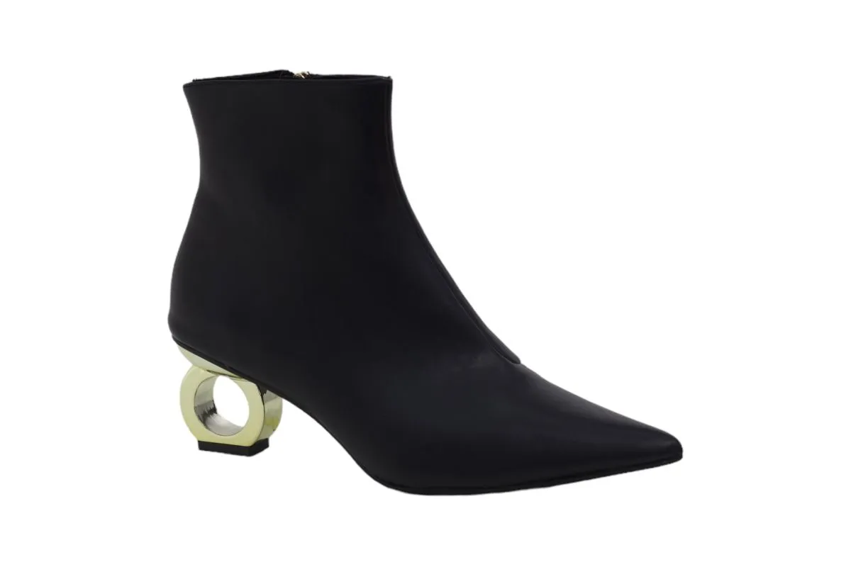 LaMara Paris Venata Pointy Toe PU Bootie On 5.5cm Gold Circle Heel Black