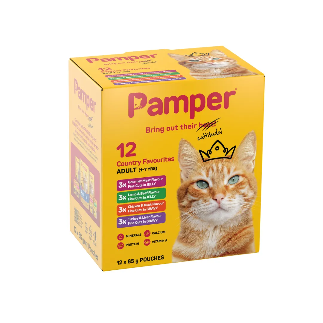 Pamper Adult Fine Cuts Country Multi-Pack Wet Cat Food (12 x 85g) Pouches