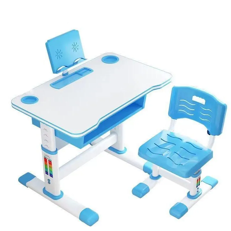 Children's learning adjustable table with light-cup holder and chair - Blue