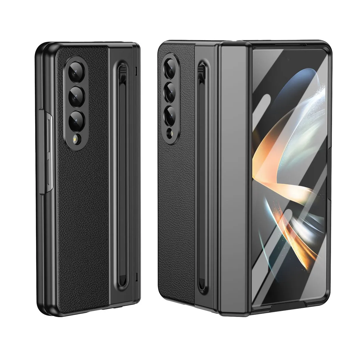 Phone Case Compatible With Samsung Z Fold 4 Leather Hinge Folding Cover - Black