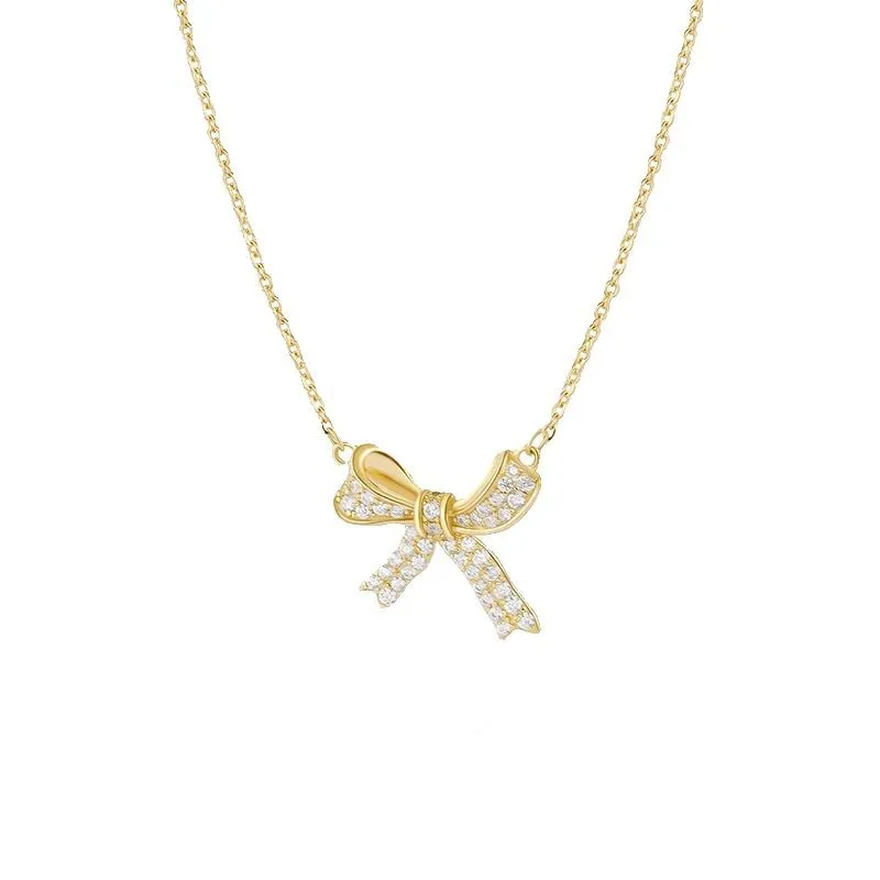Women Bow Necklaces Artificial Diamond Fashion Dainty Chain - Gold