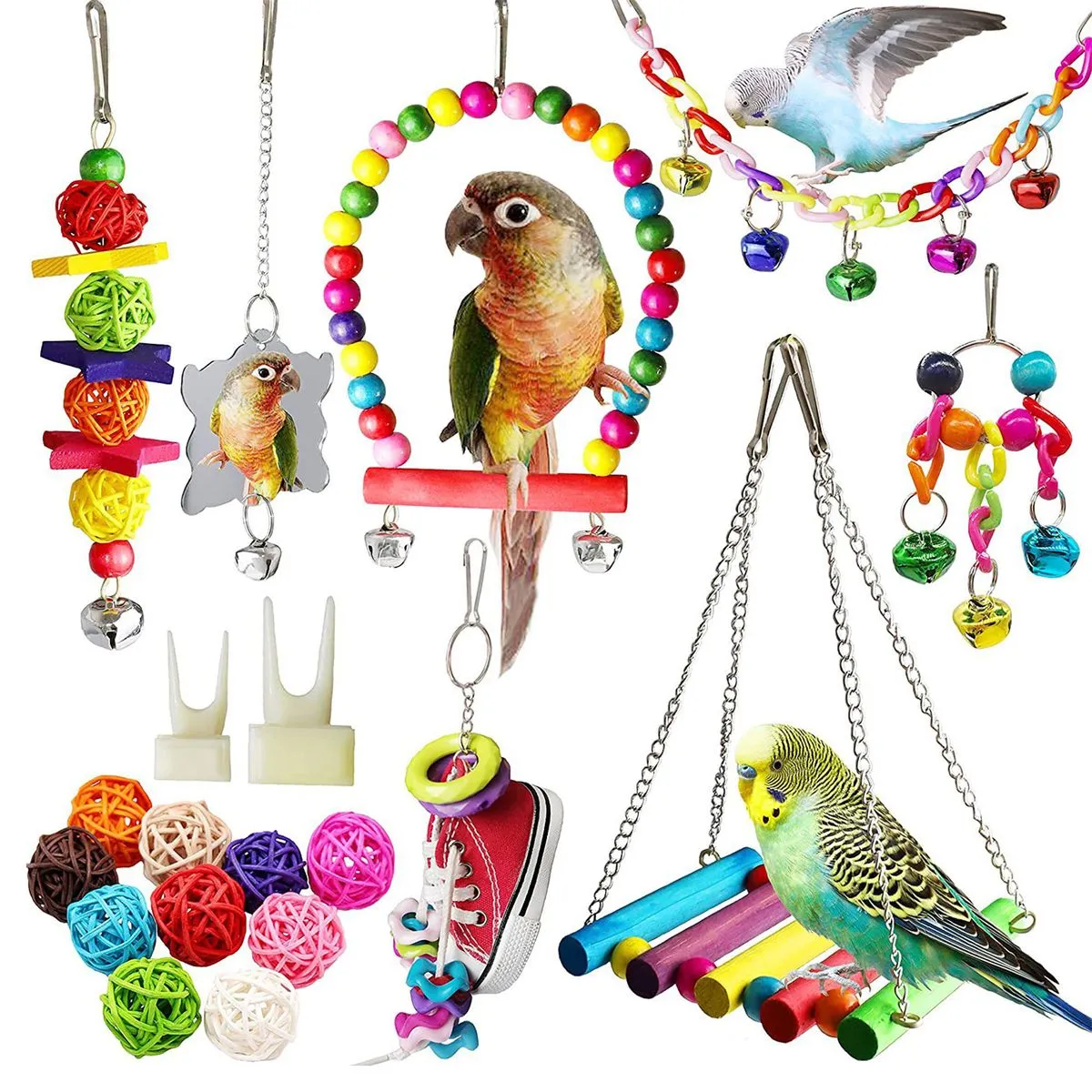 19 Pcs Bird Parrot Swing Toys Set Pet Bird Cage Hammock Hanging Swing Toys