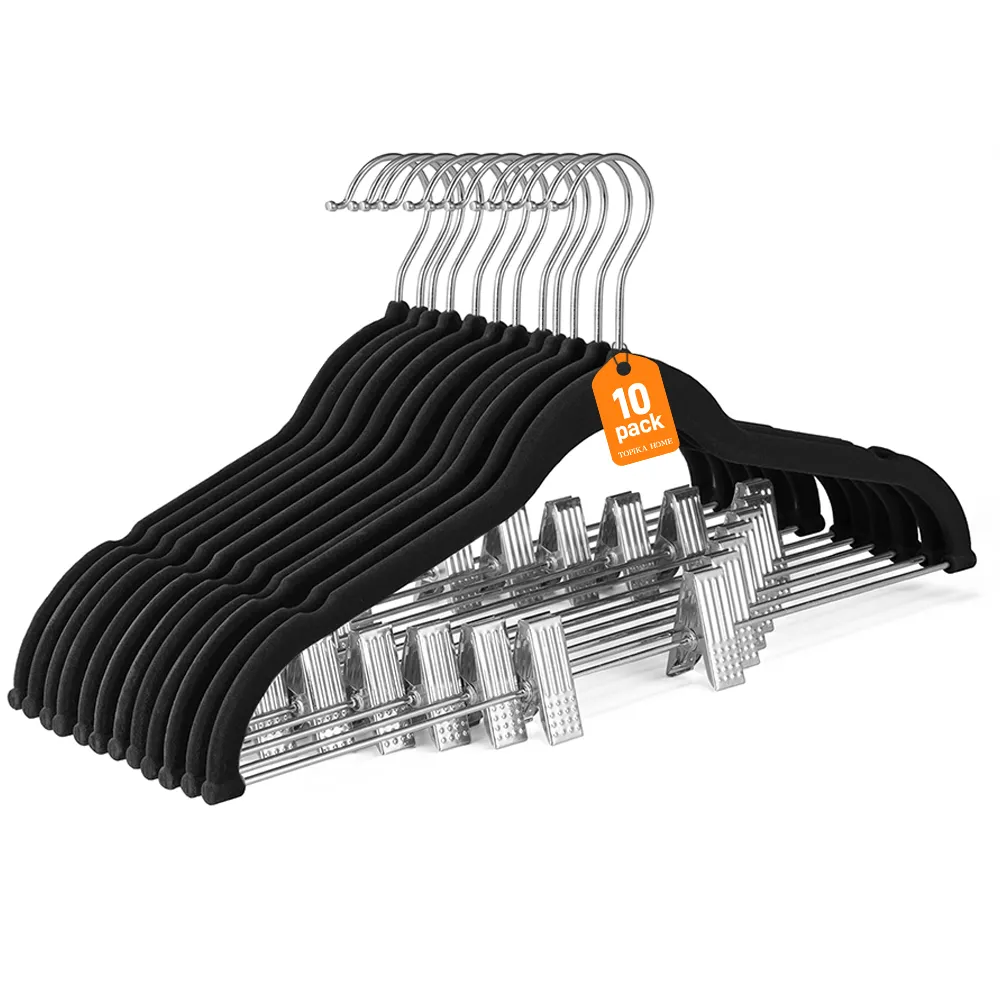 TopikaHome - 20/10Pack Velvet Clothes Hangers with Clips,Non-Slip,360 Hook - Silver 10 Pack