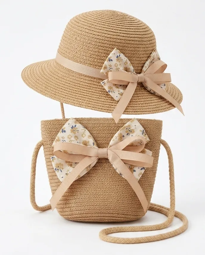 2 Piece Set Girls' Straw Hat and Bag - Brown
