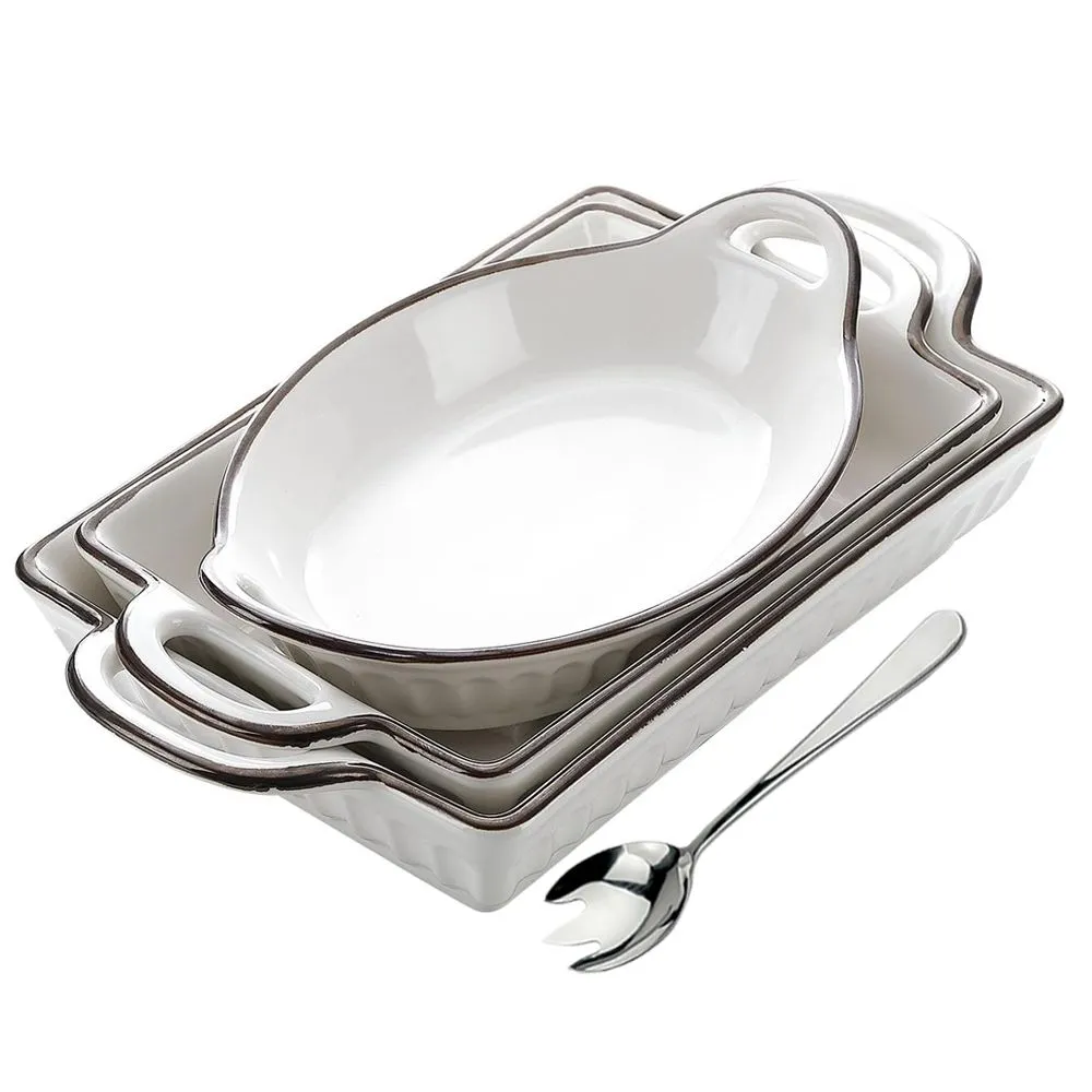 4Pieces Set - Large Fluted Bakeware Beautiful Glazed Rim Casserole Baking Dish