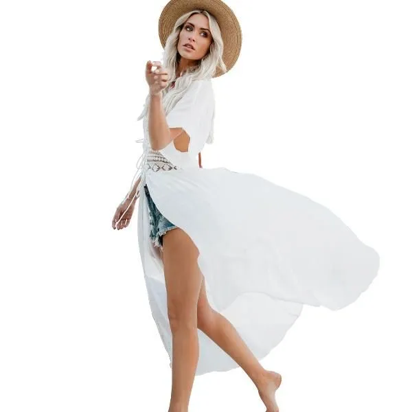 Women's White Beach Cover-up with Tie Detail