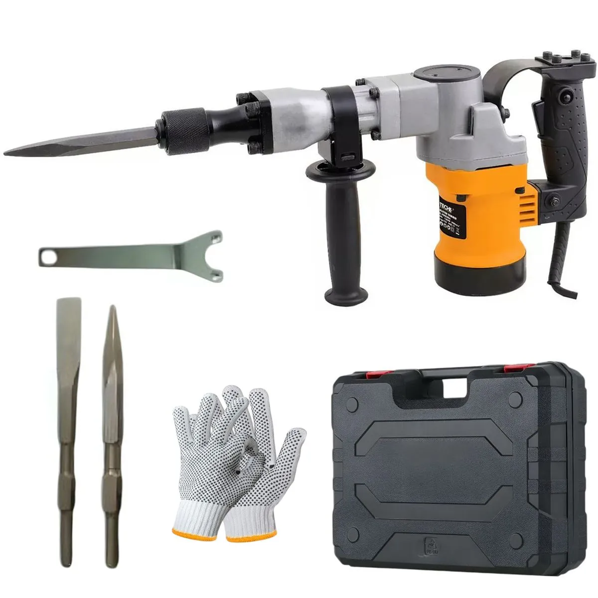 1800W Yellow Demolition Jack Hammer Concrete Breaker/Case/Chisels &Gloves