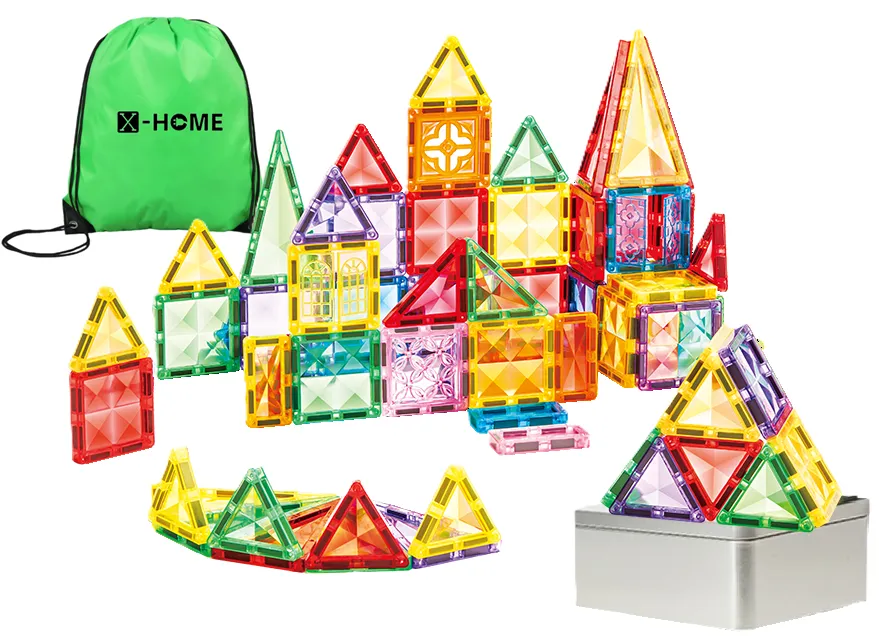 X-HOME Kids Magnetic Building Tiles- Metal Case- Compact Travel Size-56pc - Rainbow